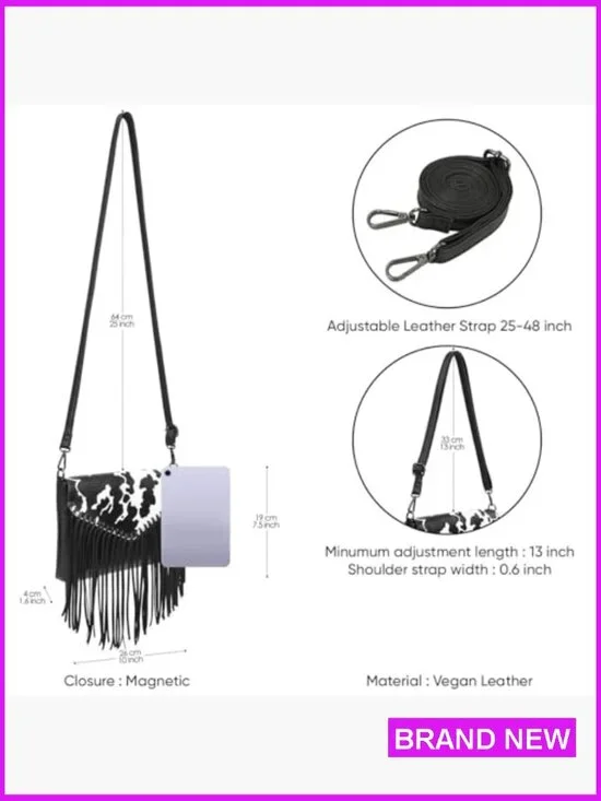 Vintage Boho Hobo Crossbody Bag Faux Leather Fringe Tassel Western Style - Picture 4 of 7